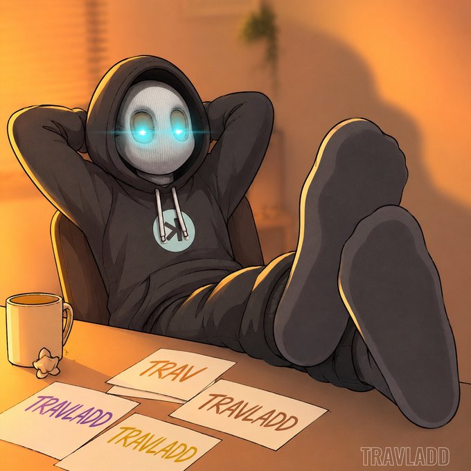 A hooded figure with glowing cyan eyes reclines with feet up on a desk covered in "TRAVLADD" and "TRAV" branded cards, embodying a relaxed, watchful presence that ties into the post's theme of patiently hunting liquidity on $SPCX amid upcoming unlocks and a Nasdaq listing.