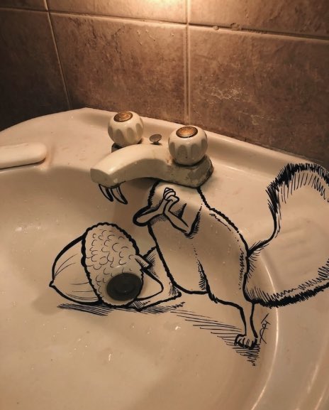 A whimsical black ink illustration of a skunk transforms the bathroom sink, with the drain appearing as the skunk's nose and the faucet forming its head and ears. The artwork plays cleverly with the existing porcelain features to create the animal's face and bushy tail.