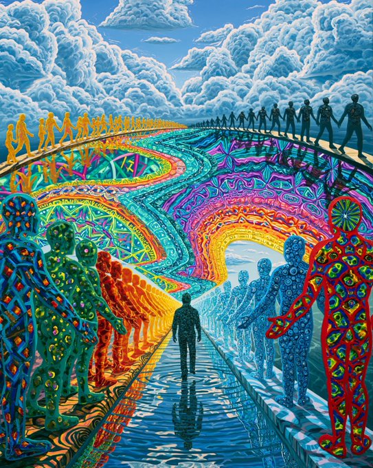 A lone figure walks down a reflective central path toward a bright opening, surrounded by vibrant, intricate figures and swirling patterns beneath dramatic clouds. The surreal journey illustrates the post’s invitation to “choose one path,” while linking to the NFT at the partially shown URL “objkt.com/tokens/KT1XaCf …” and the themes of surreal and visionary art.