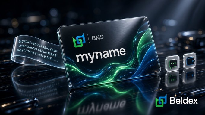 A promotional graphic showing a black device displaying 'BNS myname' with the Beldex logo, surrounded by blockchain code text and floating icons representing messages, video, and chat.