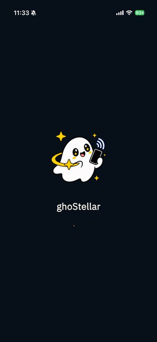 A mobile app loading screen with a dark background featuring a cute cartoon ghost mascot holding a phone, with the text 'ghoStellar' displayed below.