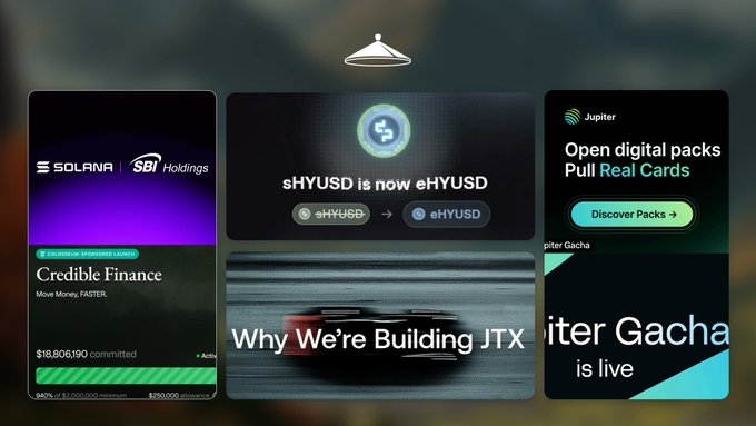 The image displays a dashboard of Solana ecosystem projects, including SB1 Holdings' $CREDIT token offering with $118,806,190 committed, sHYUSD's transition to eHYUSD, Jupiter's digital packs campaign, a teaser for "Why We're Building JTX," and Jupiter Gacha launching on Jupiter. 

This collage visually reinforces the post's claim about Solana's growing financial infrastructure, showcasing the diverse onchain financial products—from tokenized assets and yield-bearing stablecoins to DePIN gaming and trading venues—that are transforming Solana into a comprehensive capital market.