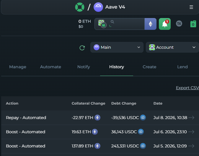 Aave V4 interface showing a transaction history tab with automated Repay and Boost actions involving ETH collateral and USDC debt, dated July 5-8, 2026.