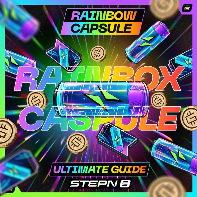 A vibrant graphic advertises a 'RAINBOW CAPSULE' for the 'STEPN' app, featuring a central capsule and the text 'ULTIMATE GUIDE' on a colorful background.