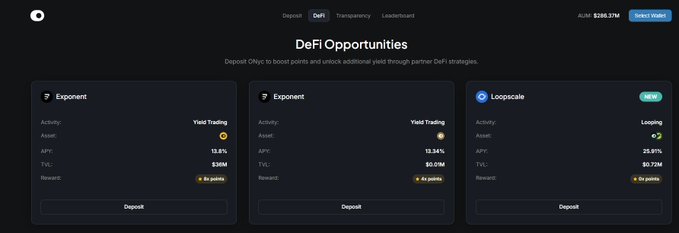 A DeFi opportunities dashboard displaying yield trading options on Exponent and Loopscale with various APYs and TVL figures.