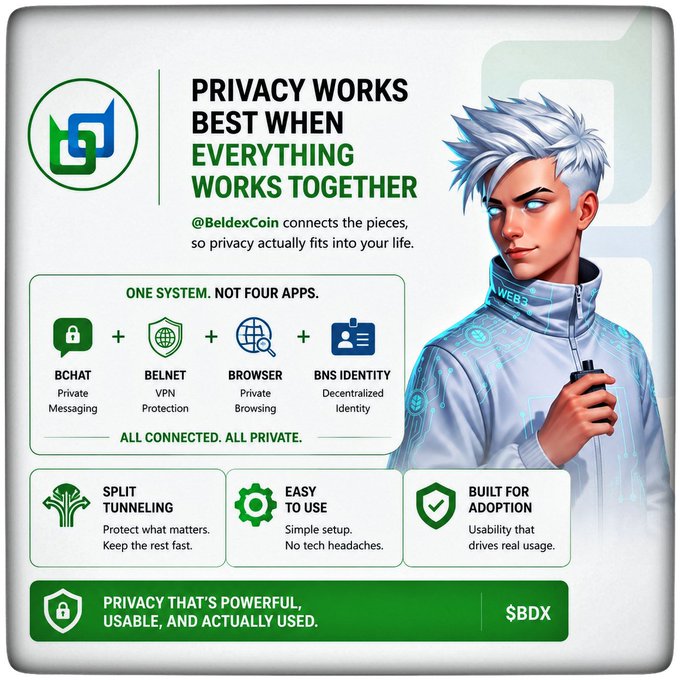 The image is a promotional graphic for BeldexCoin ($BDX), headlined "Privacy works best when everything works together," showing an illustrated character alongside four interconnected privacy tools: BChat (Private Messaging), BelNet (VPN Protection), Browser (Private Browsing), and BNS Identity (Decentralized Identity), all marked as "one system. Not four apps." with features including Split Tunneling, Easy to Use, and Built for Adoption.

The image visually reinforces the post's message by illustrating how BeldexCoin's individual privacy components function as a unified ecosystem rather than separate tools, supporting the claim that real privacy adoption requires integrated systems working together.