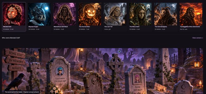 A website interface showing a gallery of AI-generated Halloween-themed portraits (e.g., 'Mended Doll', 'Abyssal Angler', 'The Harvest Man', 'Tricknight of the Undertaker') above a banner featuring a stylized graveyard with tombstones reading 'SOME STAY IN MEMORY ALWAYS' and 'Lost seen 134 days ago'.