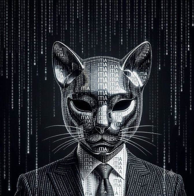 A digital artwork features a figure in a suit wearing a cat mask, composed of binary code and the repeating word 'ITIA', set against a Matrix-style falling code background.