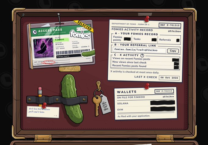 A digital illustration resembling a detective's case file displays a 'SELECTED' access pass for the Fomies community with the username 'f3nikoo,' alongside records of referral activity, a solitary pickle, a key labeled '404,' and wallets on the Solana and EVM networks.