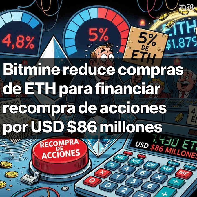 A cartoon-style graphic over a NYT header reading 'Bitmine reduce compras de ETH para financiar recompra de acciones por USD $86 millones', featuring illustrations of people, gauges at 4.8% and 5%, and a calculator displaying '7.430' and 'USD $86 MILLONES'.