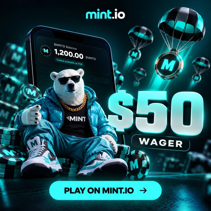 mint.io advertisement featuring a polar bear mascot in sunglasses and a teal jacket, promoting a $50 Wager with a 'PLAY ON MINT.IO' call-to-action.