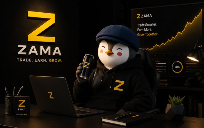 Marketing image for 'ZAMA' featuring a penguin mascot in a hoodie and cap holding a branded can at a desk with a laptop, alongside the slogans 'TRADE. EARN. GROW.' and 'Trade Smarter. Earn More. Grow Together.'