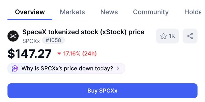 The image shows an overview screen displaying information about the current stock market. It contains details such as the price of X-Stock tokenized stocks, the market price, the opening hours, and the status of different markets. Additionally, there is a discussion below this information regarding why SPCX shares are currently trading down and how it may affect the upcoming day's open of the US markets.