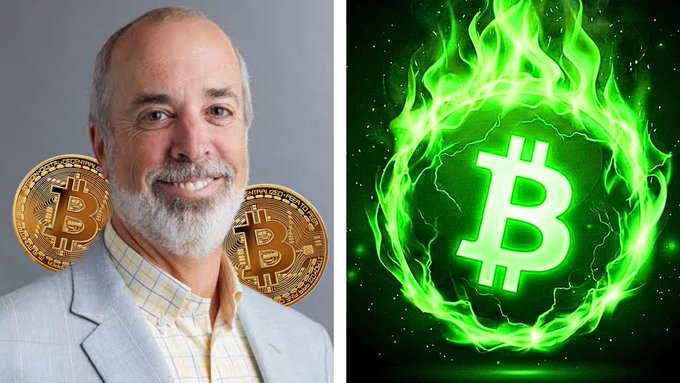 A split image showing a smiling older man with a beard on the left, with gold Bitcoin graphics behind him, and a glowing green Bitcoin logo surrounded by flames on a starry background on the right.