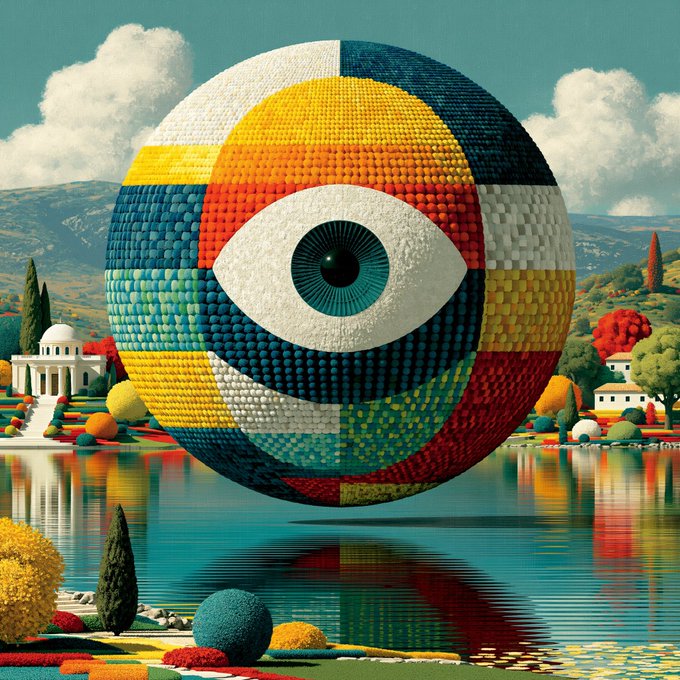 A vibrant, surreal digital artwork features a large sphere with a pixelated, mosaic-like texture in bold hues of yellow, orange, red, teal, and white, centered around a single stylized eye. The eye-sphere hovers above a serene reflective lake, flanked by stylized landscapes including a white domed temple-like structure on the left and pastel-colored buildings on the right, with no visible text or numbers in the scene.

The image's striking, mosaic "eye" art style evokes the kind of unique, one-of-a-kind (1/1) generative artwork often featured on platforms like @objktcom, making it a fitting visual for celebrating #tezostuesday by collecting a rare Tezos NFT piece.