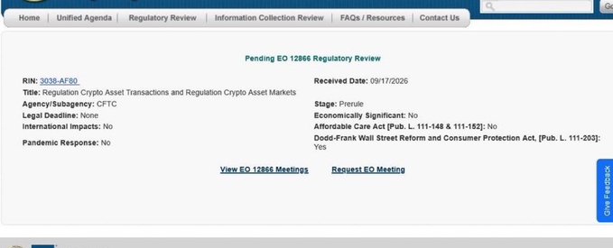 A screenshot from a regulatory review website displays a 'Pending EO 12866 Regulatory Review' for RIN 3038-AF90, titled 'Regulation Crypto Asset Transactions and Regulation Crypto Asset Markets' by the CFTC, with a received date of 09/17/2026.