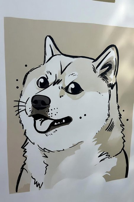 A hand-drawn or printed illustration of a Shiba Inu dog's face with a smiling expression, displayed on a wall.