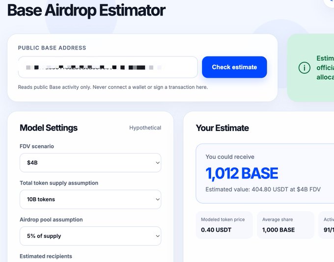 The image shows a screenshot of a Base Airdrop Estimator page, which displays information about an airdrop service. The main focus of the image is a blue button labeled "check estimate", indicating that the user can check their estimated value for the airdrop. The text in the image suggests that this feature might be useful for users to quickly assess whether they are receiving enough tokens or if there's any issue with the token distribution.