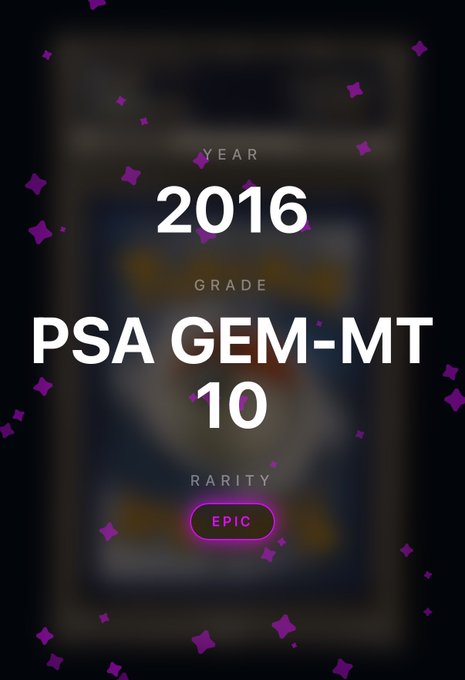The image displays a digital collectible card showing "YEAR 2016," "GRADE PSA GEM-MT 10," and a highlighted "RARITY EPIC" badge. It illustrates the excitement of pulling an epic rarity pack on Solflare, matching the post's celebration of that thrilling moment.