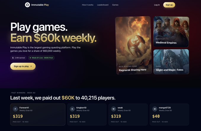The image shows a website called Immutable Play that offers a gaming platform where users can play games and earn money by completing tasks or challenges within the game. The website features a dark blue background with white text, making it easy for users to navigate through different sections of the site. There are three main sections on the page: "Play Games", "Empower Players", and "Pay Up". These sections provide information about how players can earn money by playing games and completing tasks or challenges within the game. The website also includes a list of games available for play, along with their respective rewards and payment options.