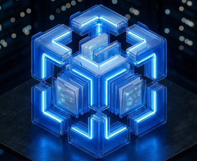 A glowing, translucent blue cube structure with neon-lit geometric channels sits on a dark surface against a bokeh background of server lights, visually representing the decentralized, tech-driven architecture of BTFS Open Nodes as a foundation for dApp development.