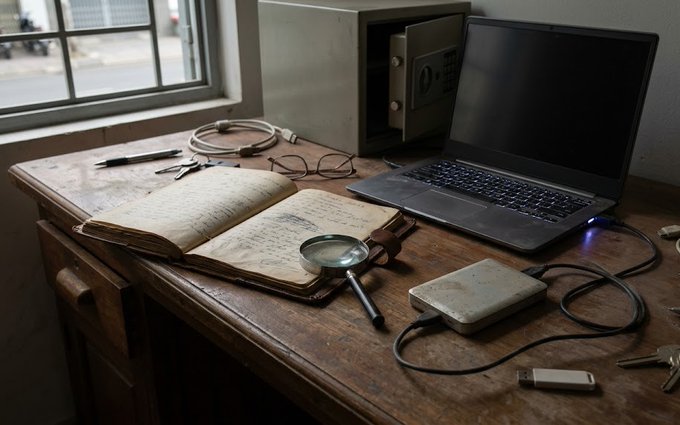 A rustic wooden desk by a window with an open leather notebook, laptop, magnifying glass, eyeglasses, small safe, and various cables arranged on its surface.