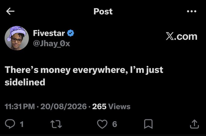 A screenshot of an X (formerly Twitter) post from verified user "Fivestar" (@Jhay_0x) reading "There's money everywhere, I'm just sidelined," timestamped 11:31 PM on 20/08/2026 with 265 views, 1 reply, and 6 likes. The post's tone aligns with the accompanying context expressing frustration about underperforming despite market opportunities.