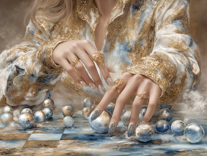 A detailed artistic rendering of a woman's hands with metallic silver nails, adorned with multiple gold rings, reaching toward marble-like spheres on a checkered surface, with smoke swirling around her gold and blue patterned sleeves.