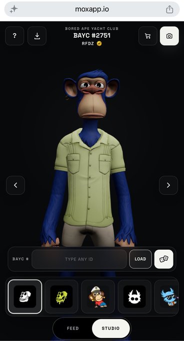 A mobile screen for moxapp.io showing a 3D animated blue monkey avatar wearing a green shirt in the 'Bored Ape Yacht Club' studio, with BAYC #2751 visible.