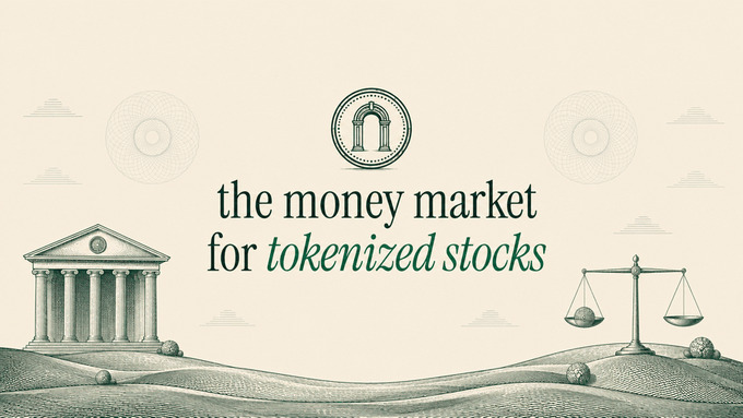 A banner image with the text "the money market for *tokenized stocks*" displayed between illustrations of a classical bank-like building and a balance scale, visually reinforcing the post's message about using tokenized stocks like $NVDA, $AAPL, and $SPY as productive collateral through Denar Markets' lending platform.