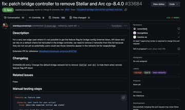 A GitHub commit page showing code changes with the message "fix: patch bridge controller to remove Stellar and Arc cp-8.4.0 #33684," referencing code by contributor shenmareg. The patch illustrates the backend fix that removes Arc from MetaMask's default bridge options, aligning with the post about the recent patches on Extension and Mobile that adjust which chains appear by default in the bridge controller.