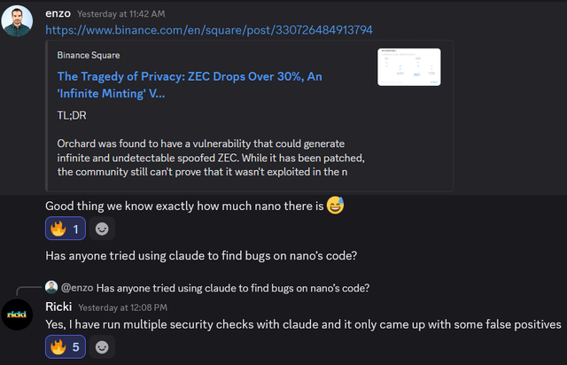 A message from Enzo at 10:12 AM on Monday shows a screenshot of a chat room conversation about Nano XNO being safer than Zcash ZEC, indicating a discussion or debate regarding cryptocurrency security. The participants seem to be sharing their opinions based on the details provided in the image.