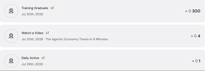 A screenshot of a rewards interface showing entries for 'Training Graduate' (+300), 'Watch a Video' (+4), and 'Daily Active' (+1).