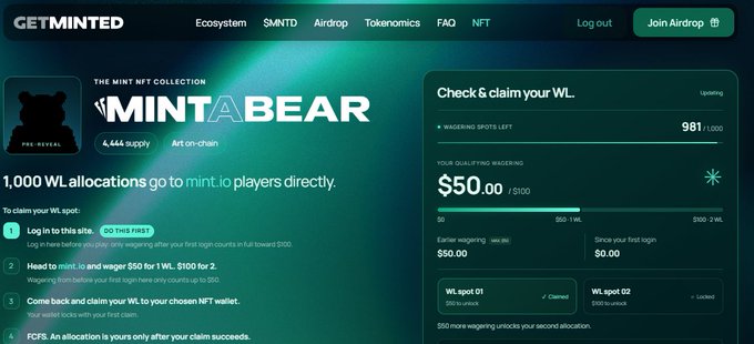The GetMinted NFT minting page showing a 'MINT A BEAR' collection with a $50 qualifying wager and 981 wagering spots remaining out of 1,000.