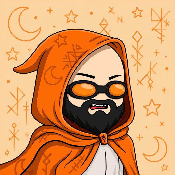 A cartoon-style avatar of a bearded figure wearing orange-tinted goggles and a flowing orange hooded cloak, set against a tan background decorated with stars, moons, and rune-like symbols. The wizard's orange color scheme and mystical aesthetic match the "Orange wizard grail" referenced in the post, presented as a rated character creation for @breyonchain.