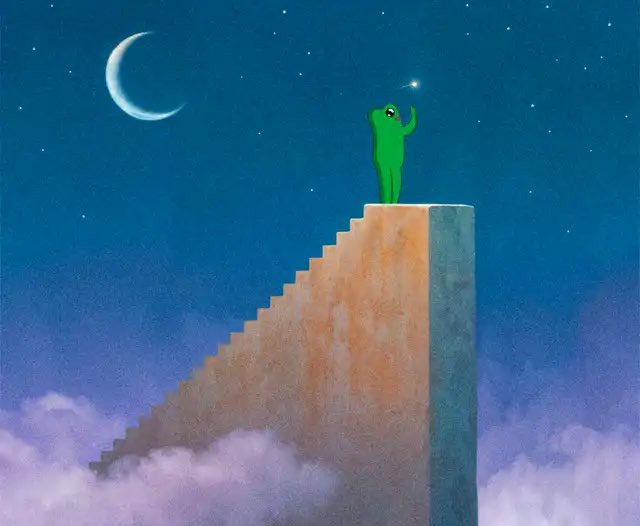 A green figure stands atop a tall, cloud-surrounded staircase reaching toward a star in a night sky with a crescent moon.