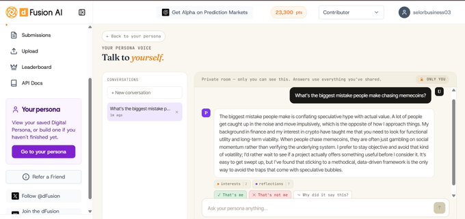 A screenshot of the 'dFusion AI' platform showing a conversation interface titled 'Talk to yourself' under 'Your Persona,' with a response to 'What's the biggest mistake people make chasing memecoins?' discussing speculative hype and avoiding pitfalls.