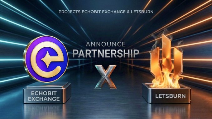 This image announces a partnership between Echobit Exchange and LETS BURN, featuring their respective logos and names visually represented. The graphic directly illustrates the partnership mentioned in the accompanying post, showcasing ECHOBIT EXCHANGE and LETS BURN as collaborators.