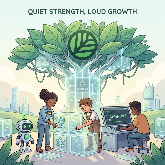 An illustration titled 'QUIET STRENGTH, LOUD GROWTH' shows children building with tech blocks labeled 'SECURITY' and 'SOVEREIGN' under a large tree bearing a green logo, alongside a robot and a computer displaying 'AI-Native'.