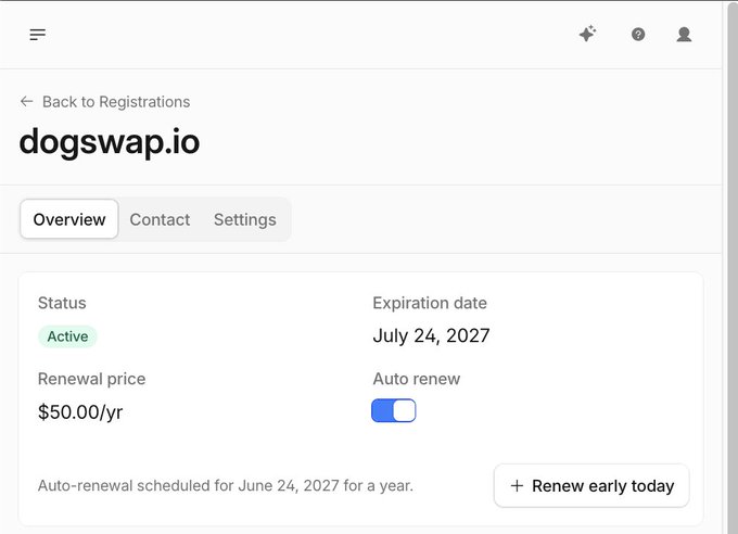 The image shows the registration details for dogswap.io, which is active until July 24, 2027, and costs $50.00/yr to renew. This directly relates to the post asking "what are we building?!" by showing that the domain for "dogswap.io" is secured for several more years.