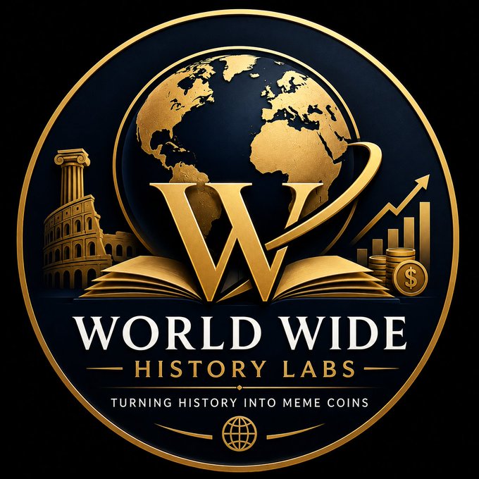 A circular gold and navy blue emblem for "WORLD WIDE HISTORY LABS" with the slogan "TURNING HISTORY INTO MEME COINS," featuring a globe, the Colosseum, and a rising chart.