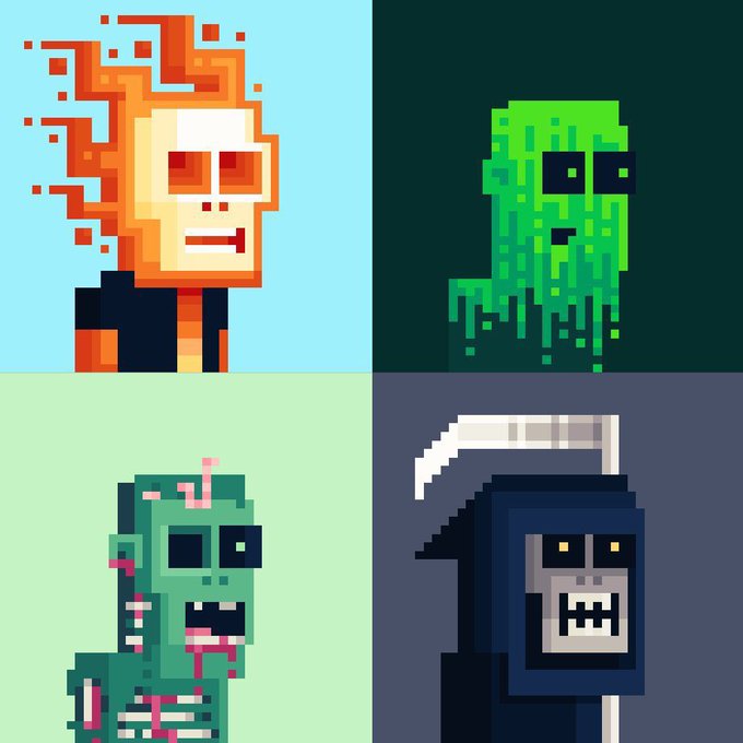 Four pixel art character portraits are displayed in a grid, including a skeleton with a flaming head on a teal background, a green slime-like creature, a green zombie, and a grim reaper with a scythe.