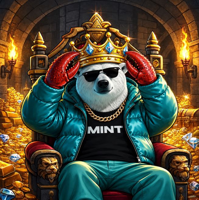 A cartoon polar bear wearing a crown, sunglasses, red lobster claw gloves, and a teal puffer jacket over a shirt that says 'MINT', sitting on a throne surrounded by gold and diamonds.