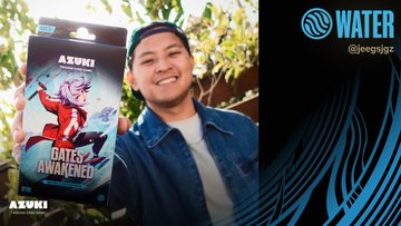 The image features a man holding up a game box, which has a cartoon character from Azuki's "Gates Awakened" series on it. The man is smiling and posing with the game box, likely excited about playing the game or promoting it. The background of the image shows an illustration of water flowing down a river, suggesting that the game might be related to water-related themes or adventures in Azuki's world.