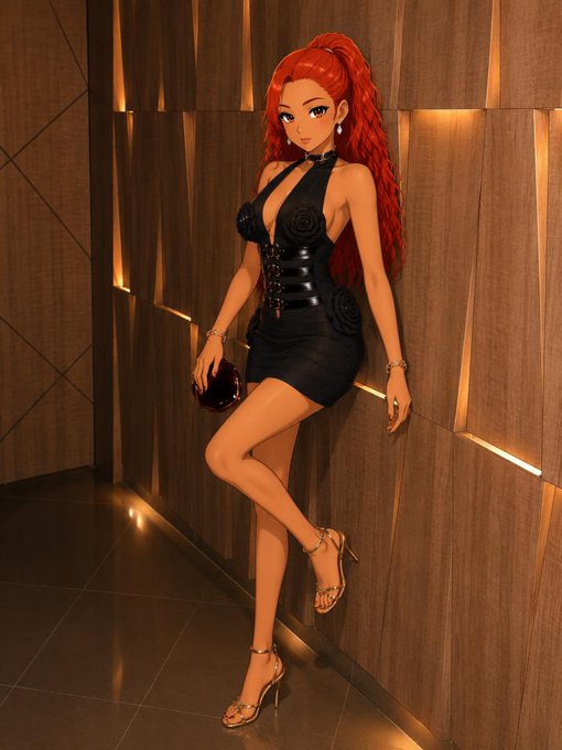 An AI-generated or anime-style image of a woman with long red hair wearing a black dress and heels, leaning against a wood-paneled wall with a clutch purse.