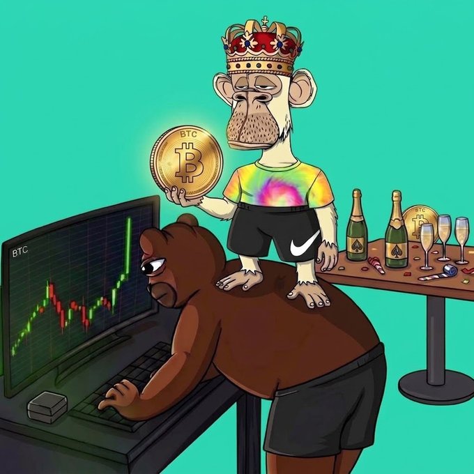 Cartoon illustration of a Bored Ape NFT character wearing a crown and tie-dye shirt, holding a Bitcoin (BTC) coin while standing on a bear trading crypto with champagne bottles in the background.