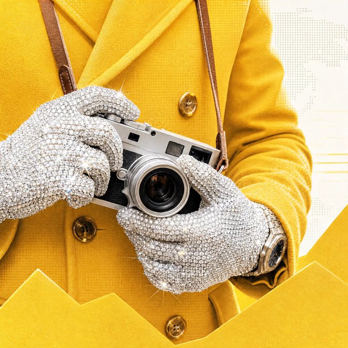 A stylized promotional image of hands covered in sparkling, diamond-encrusted gloves holding a vintage camera, with the person wearing a bright yellow jacket.
