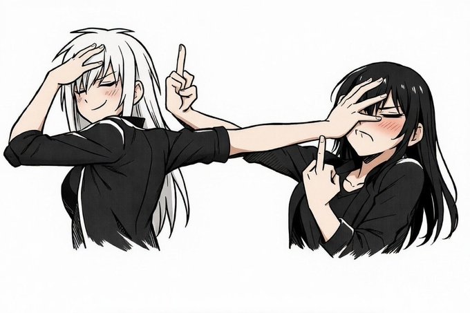 An anime-style illustration of two girls in black outfits, one with white hair and one with dark hair, both holding a hand to their face and extending an arm outward with the middle finger raised.