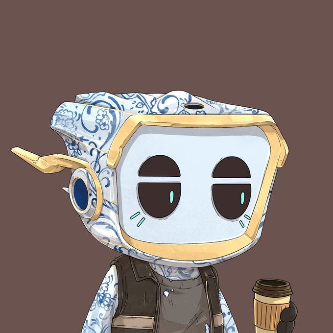 An illustration of a cartoon robot character with a blue and white patterned head, gold trim, and a screen-like face with small teal eyes, holding a coffee cup.