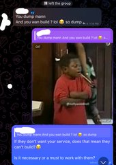 A screenshot of a text conversation where messages ask 'You dumb man' and 'And you was build? lol so dump', followed by a GIF reaction of a young boy in a red shirt.